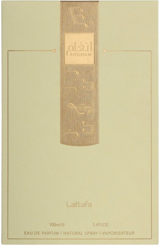 Kartonnen doosje Lattafa Angham Eau de Parfum 100ml met goudkleurige muzieknoten.