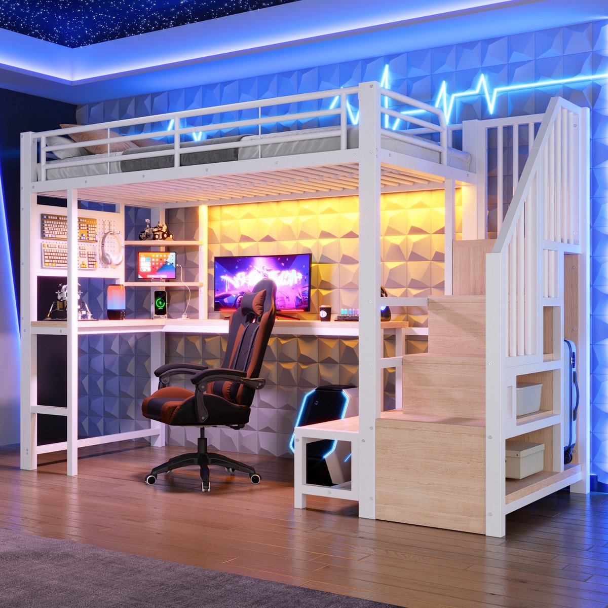 Hoogslaper 90x200 cm Zonder matras - Met Bureau, USB en USB-C Aansluiting, LED Verlichting, Lochwand En Opbergtrap - Wit