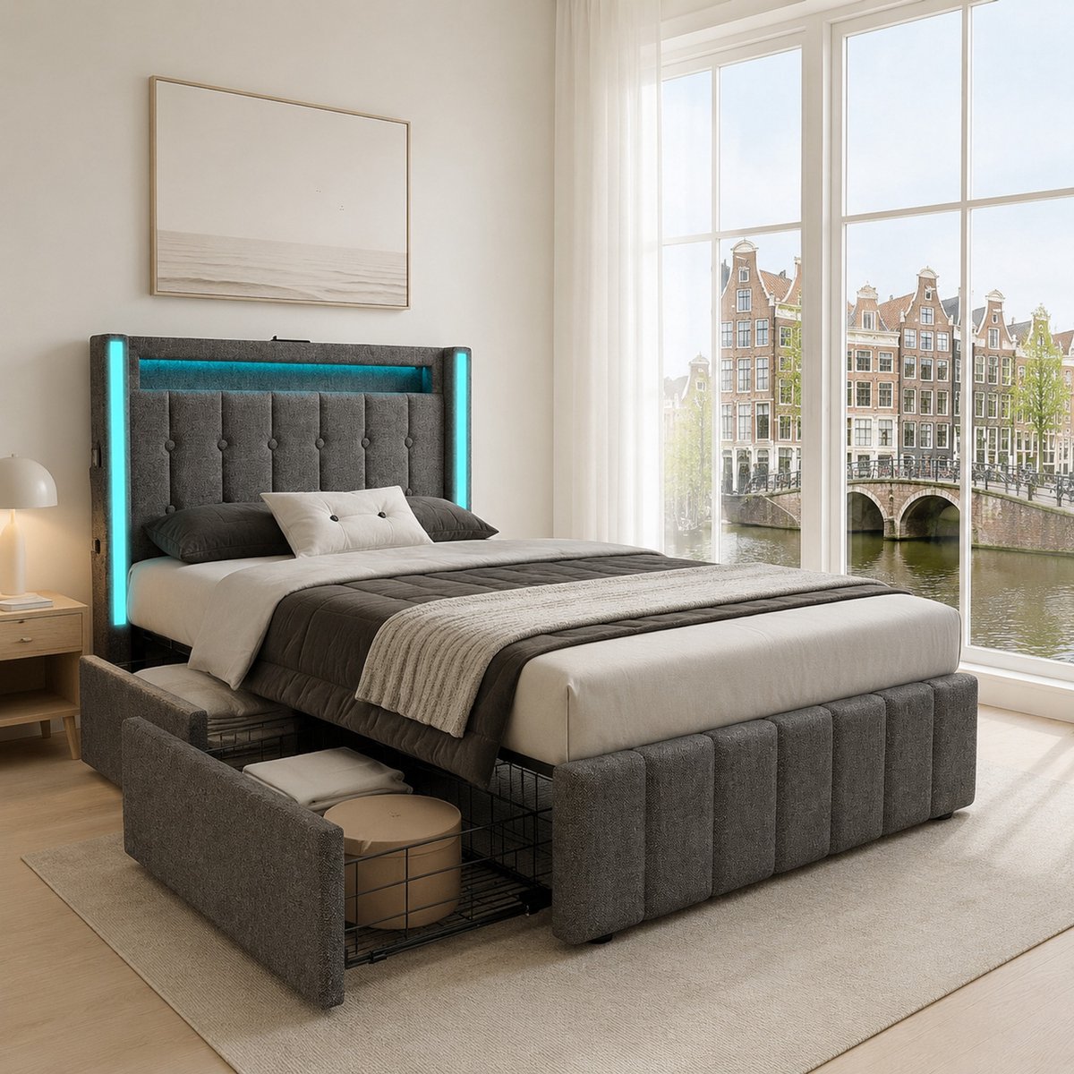WUVRIE Polsterbett Grau 90x200 cm - USB Type-C Ladefunktion, LED-Beleuchtung & 2 Schubladen Grijs
