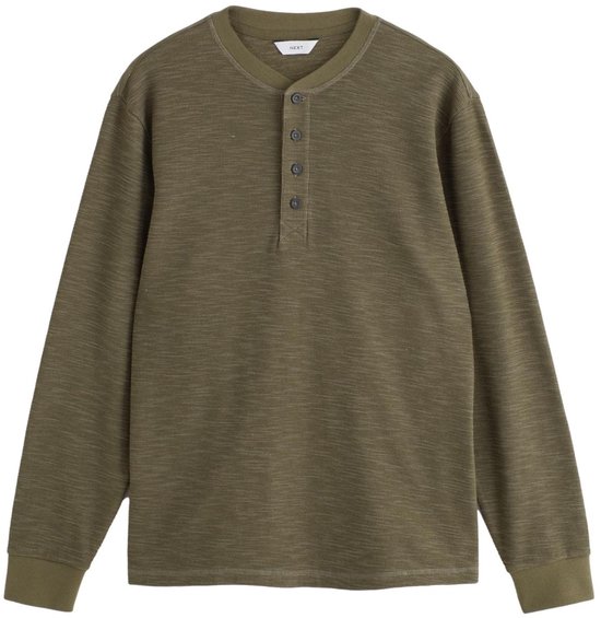 Olijfgroen Henley T-shirt met lange mouwen en wafelstructuur, voorzien van een knoopsluiting en Next-label.