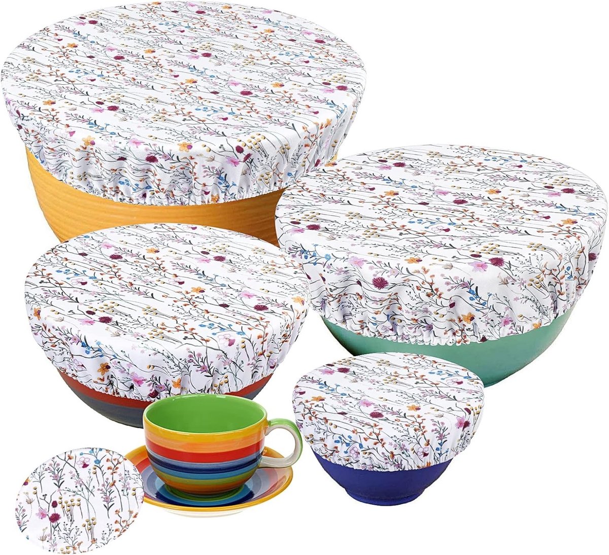 Wasbare en Herbruikbare 5-Piece Bowl Covers, Elastische Deksel voor Brooddeeg, Fruit en Kombucha (10-30cm, Bloemen)