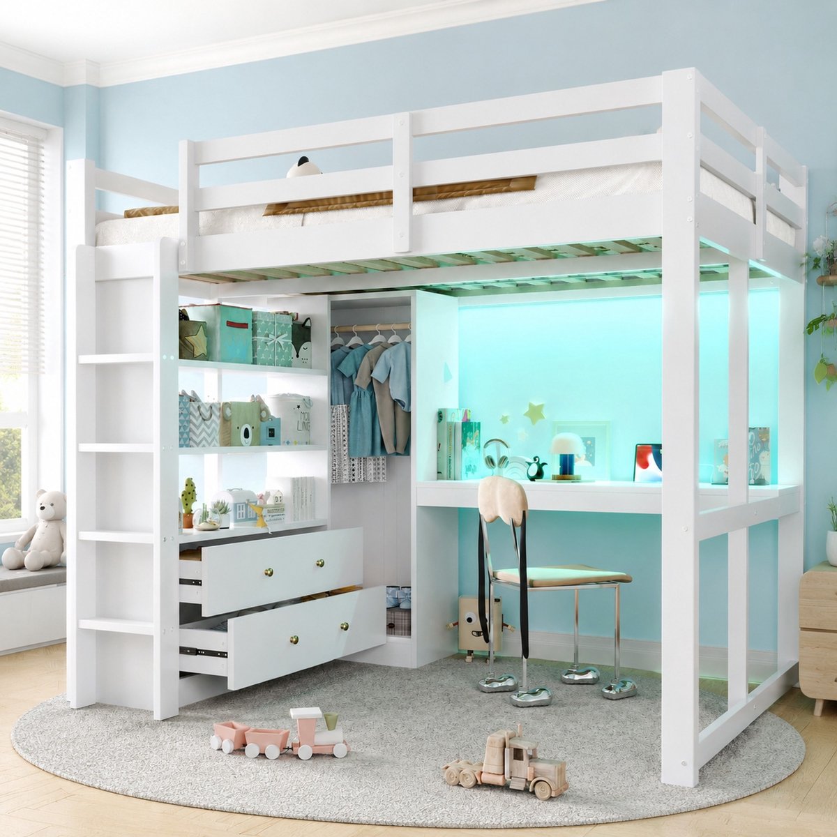 COVREO Hoogslaper met bureau en 2 lades – 140x200 cm – Bed met opbergruimte – voor kleine kamers – Wit - zonder matras