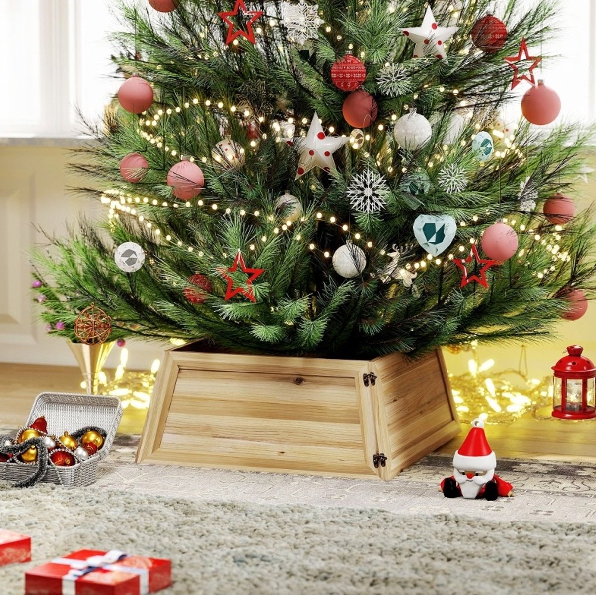 MODFU-Kerstboomkraag-Kerstboomrok-Rustiek-Hout-Natuurlijke Kleur-65 X 65 X 27 Cm