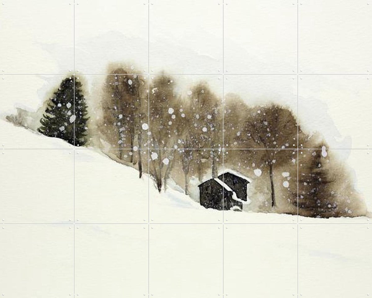 IXXI Ski Slope with Wooden Cabins, Natalie Bruns - 100 x 80 cm - Gratis ophangtool - Grote wanddecoratie en posters - Naturalisme, Aquarel, Gang