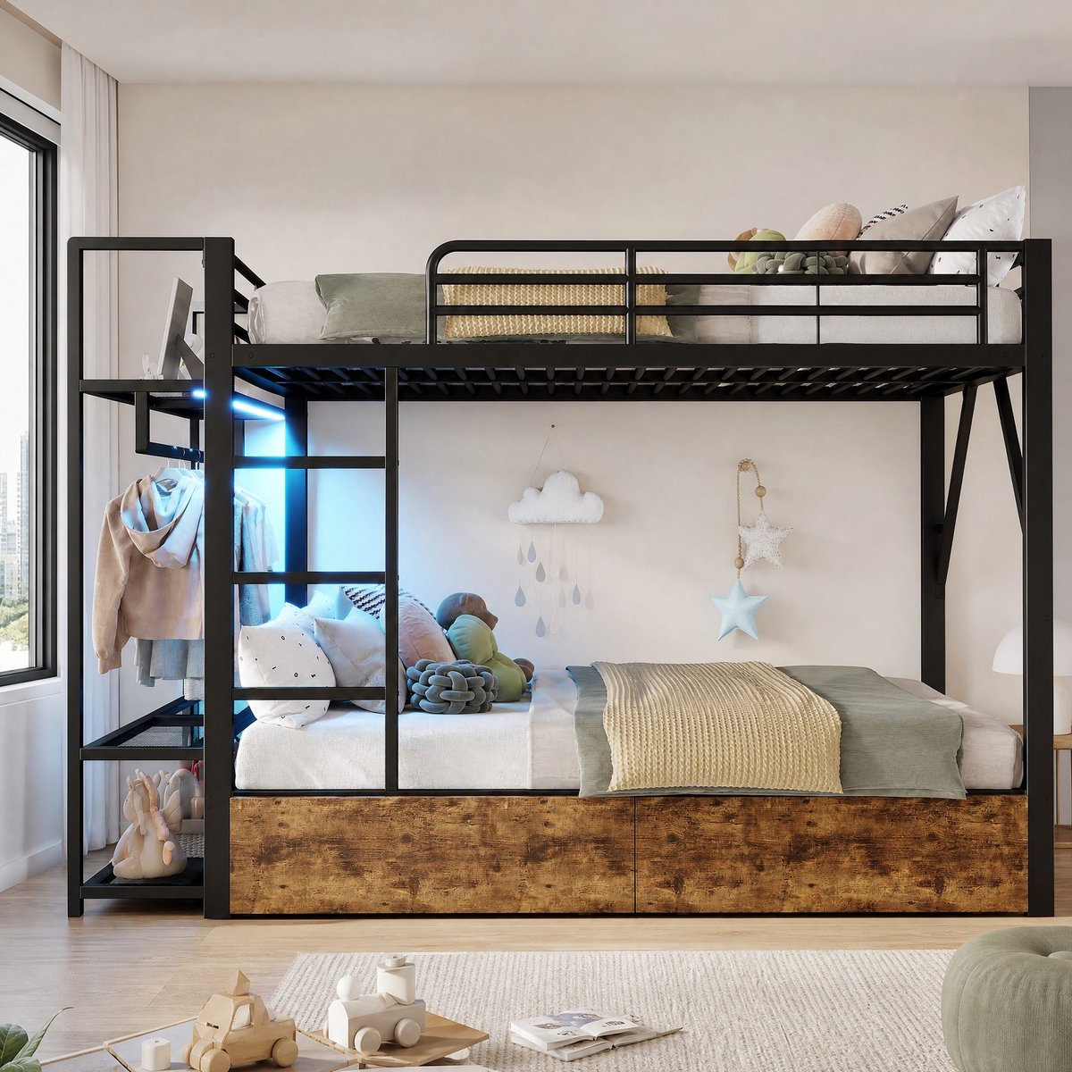 COVREO Stapelbed met LED-verlichting en 2 lades – 226,5x145,5x160 cm – Metalen bed met opbergrekken – voor kinderen – Zwart - zonder matras