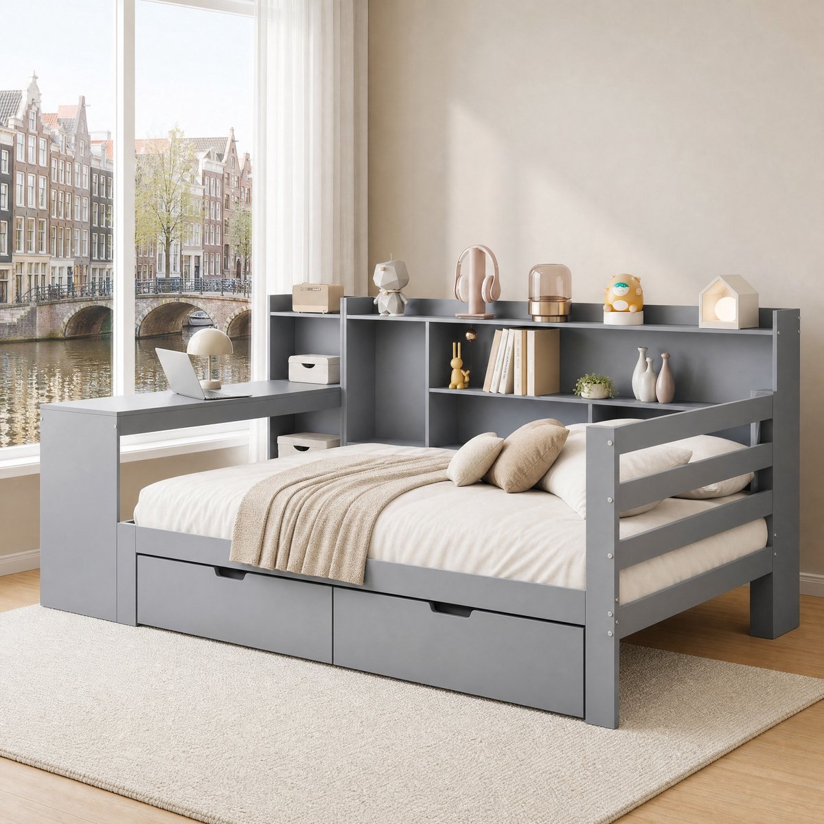 WUVRIE Slaapbank Massief Hout 90x200 cm Grijs - Met Schrijftafel, Boekenkast & Opberglades, Stekkerdoos, Multifunctioneel Holsterbed