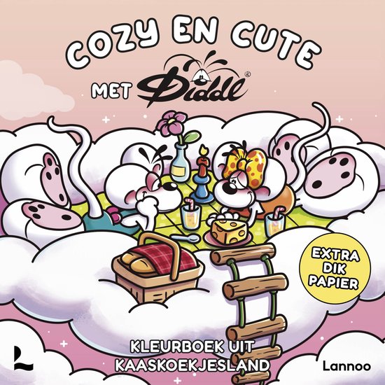 Een kleurboek met Diddl en zijn vriendjes op wolken. Met de tekst "Cozy en Cute met Diddl" en "Kleurboek uit Kaaskoekjesland".