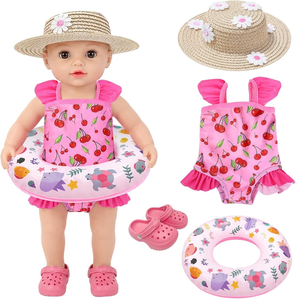 Zwemset voor poppen met 4-delig badpak, ideaal als poppenaccessoire voor waterpret en speelplezier
