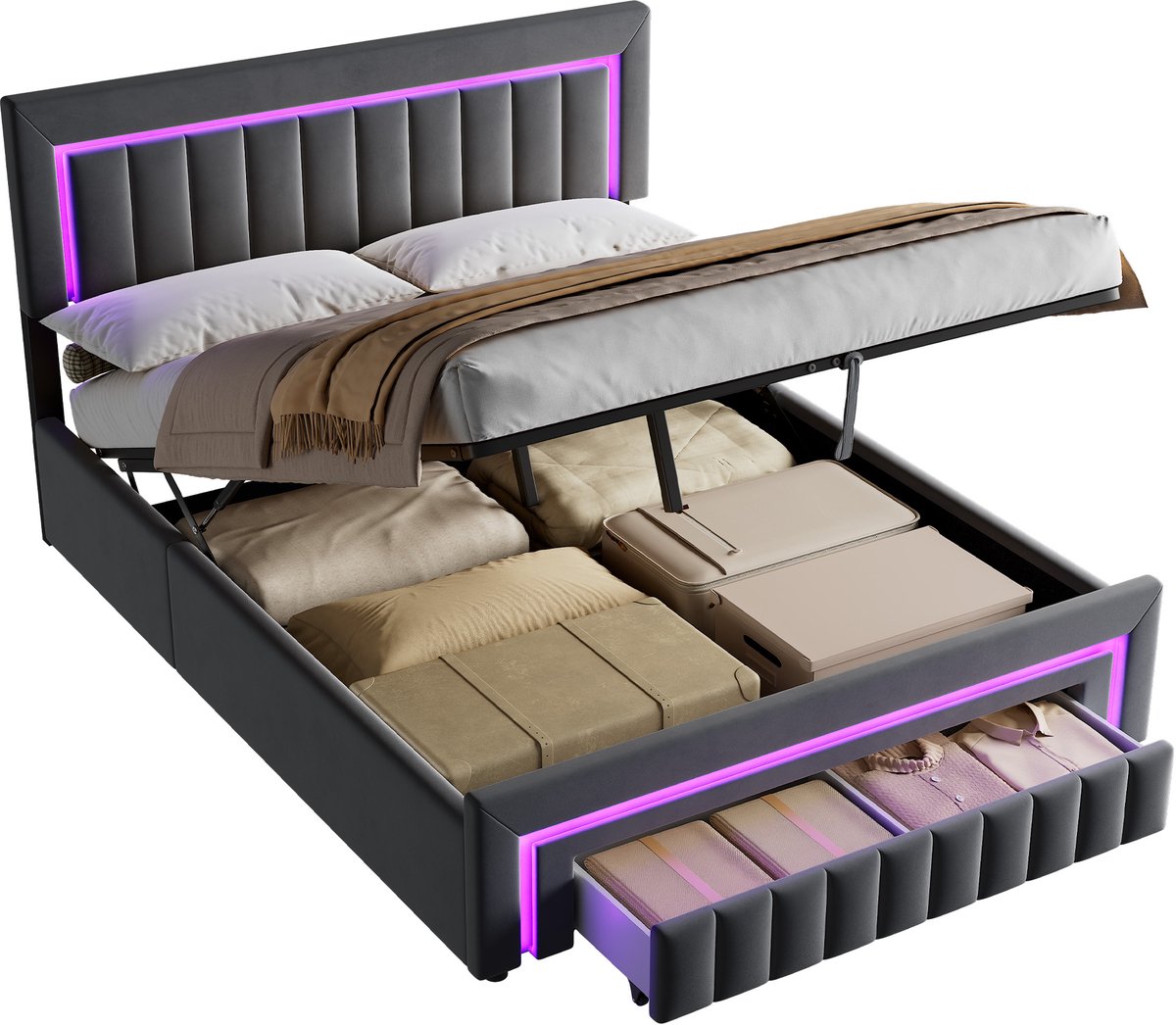 DESMIU Gestoffeerd Bed 160x200 cm – Springbed Met LED Verlichting En Laden – Hoofdbord Met Opbergruimte – Modern Slaapkamer – Fluweel – Donkergrijs – Zonder Matras