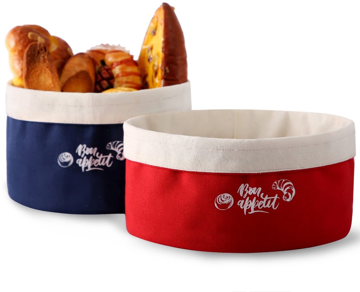SnelShoppen - Broodmand Set van 2 - Katoenen Opbergmanden voor Keuken - Rood/Blauw - Ø 23 en 20 cm - Broodzak en Ontbijtmand voor Feest, Camping en Hu