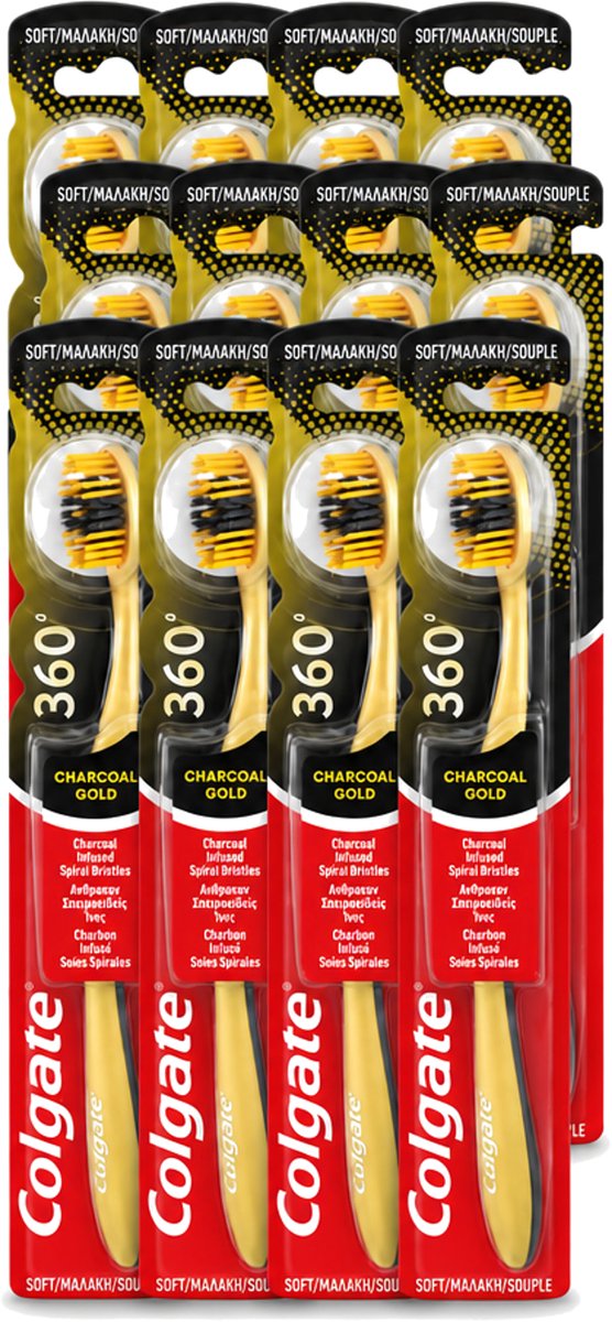 12 x Colgate - Tandenborstel - 360 Charcoal Gold Soft - Zwart/Goud - 1 Tandenborstel - Voordeelverpakking - 12 stuks