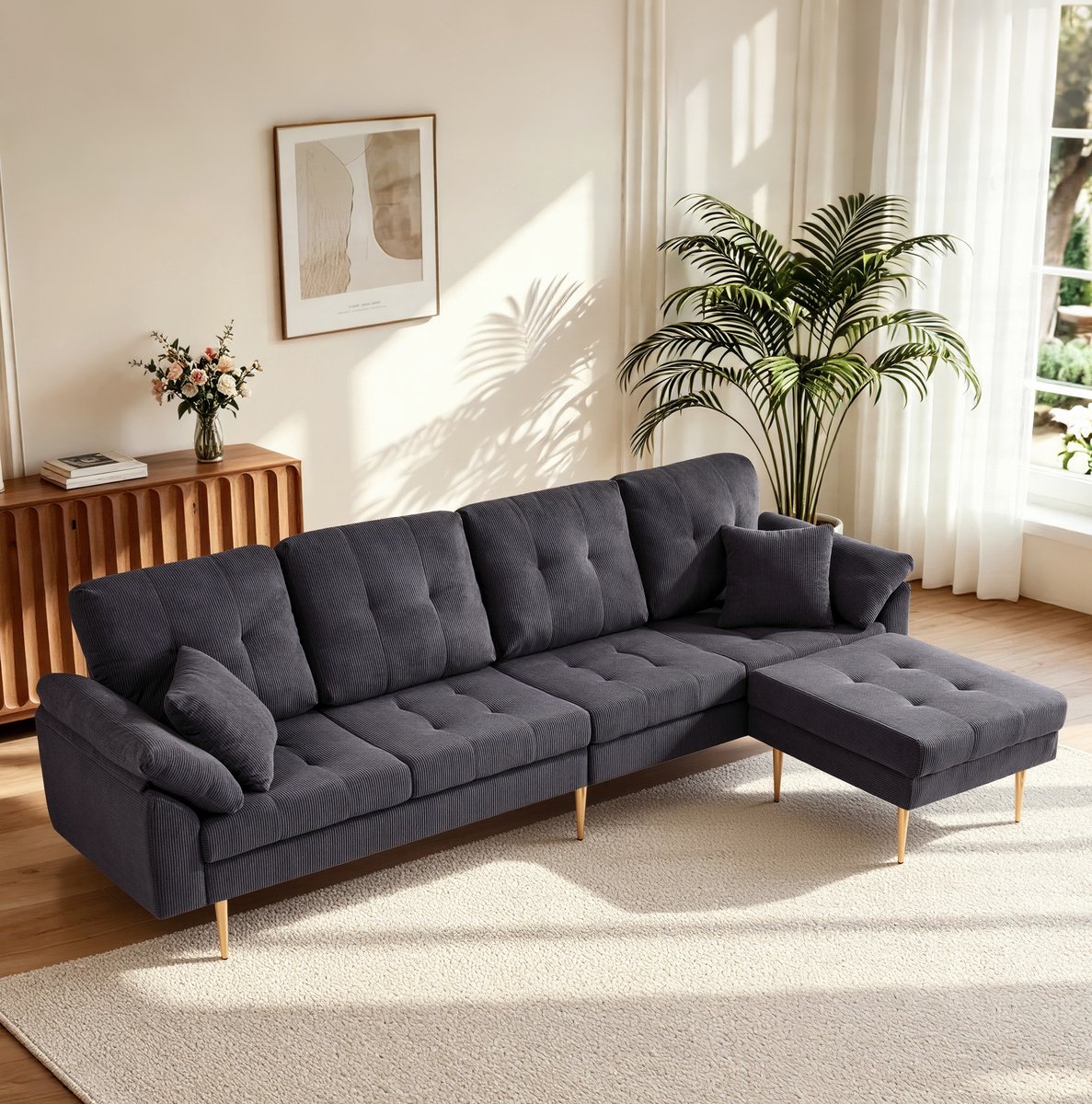 MIVRAY Hoekbank 250 cm - Flexibele Hocker Voor L-Vorm - Vier Zitplaatsen - Woonkamer En Lounge - Ribstof Donkergrijs