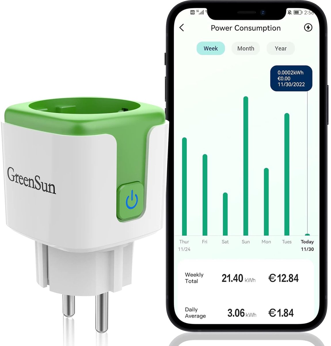 Slim Stopcontact - WLAN Stekker Energie Meter - Energie Besparen - Met Stroommeting - 16 A - Groen