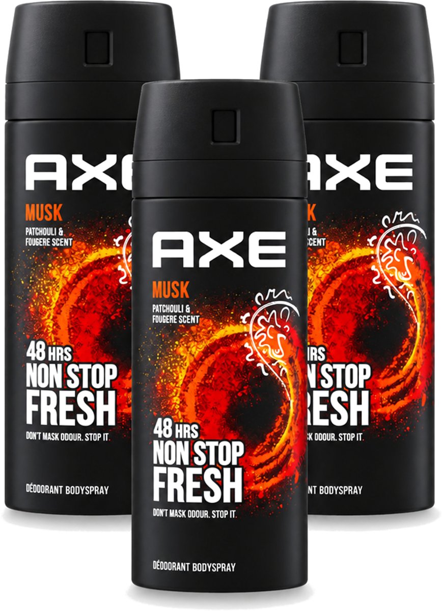 3 x Axe - Deodorant Bodyspray - 48hrs Non Stop Fresh - Musk - Patchouli & Fougere - 150 ml - Voordeelverpakking - 3 stuks