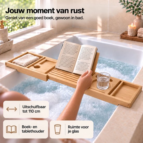 Houten badplank, 75-110 cm, met boek, glas en handdoek. Een vrouw leest.