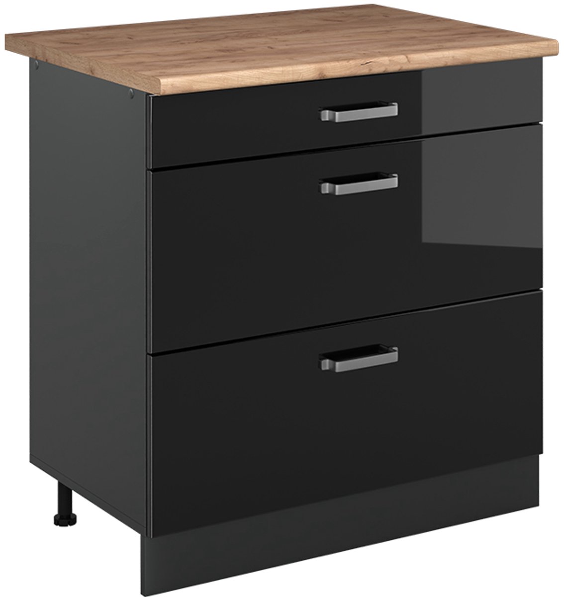 Vicco Keukenonderkast R-Line, Zwart hoogglans/Antraciet, 80 cm met 3 laden goudkleurig eiken werkblad