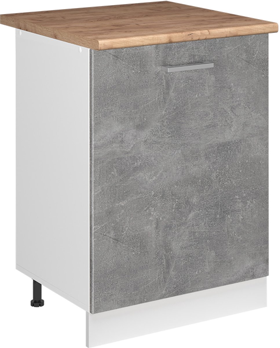 Vicco Keukenonderkast R-Line, Beton/Wit, 60 cm met 1 deur goudkleurig eiken werkblad