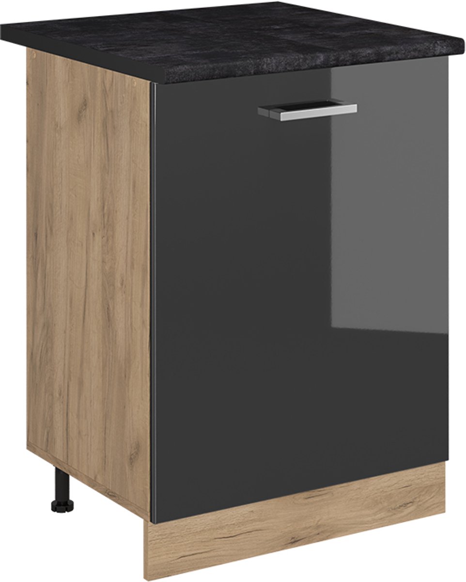 Vicco Keukenonderkast R-Line, Antraciet Hoogglans/Goudkleurig Eiken, 60 cm met 1 deur antraciet werkblad