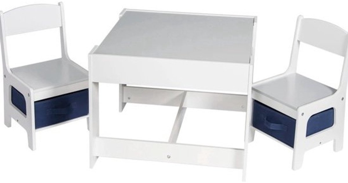 2-in-1 kinder­speeltafel met opbergvakken - Omkeerbaar en krijtbaar tafelblad - Met 2 stoelen