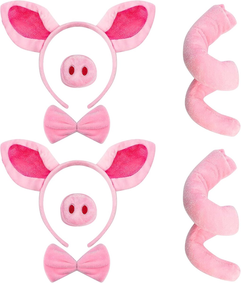 8-delig varkenkostuum roze, hoofdband varkenoren, neus, staart en vlinderdas, dierenkostuumaccessoires, voor Halloween, carnaval en cosplay-feestjes