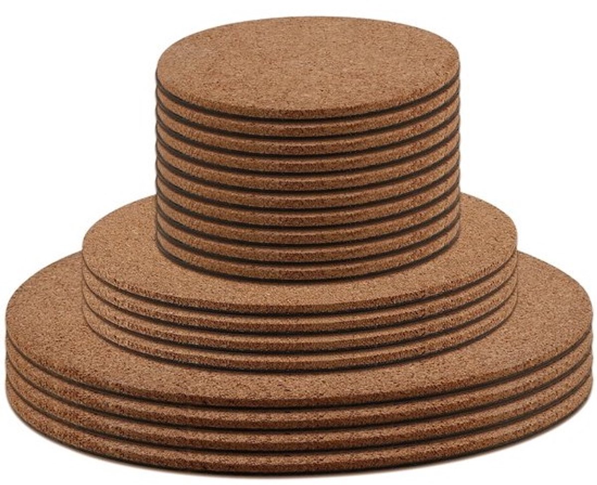 MUKLEI 18-delige Ronde Kurken Plantenonderzetters - 10cm, 15cm en 20cm - voor Planten, Dranken en DIY