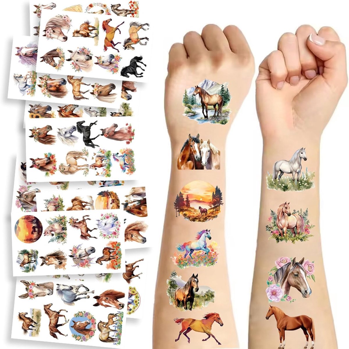 10 vellen paardentatoeages voor meisjes, kindertatoeages, cadeautjes voor kinderverjaardag, paarden meisjes, cadeau voor schoolzakje, vulling en paardenfeest, decoratie, tijdelijke tatoeageset