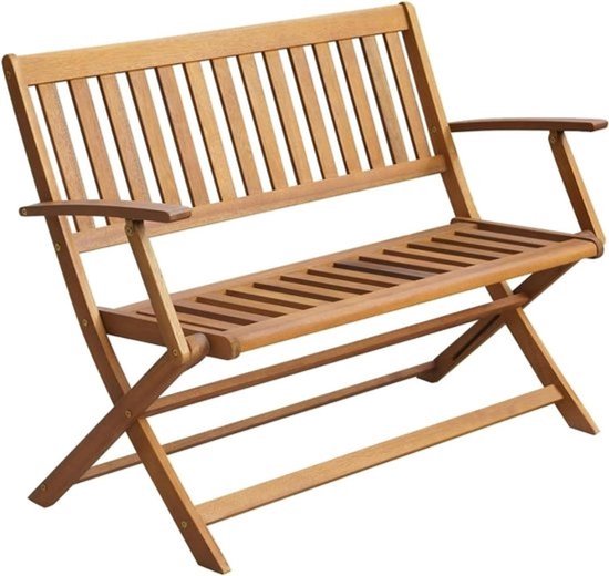 Opvouwbare tuinbank van massief hout met een lattenbodem, armleuningen en een inklapbaar frame.