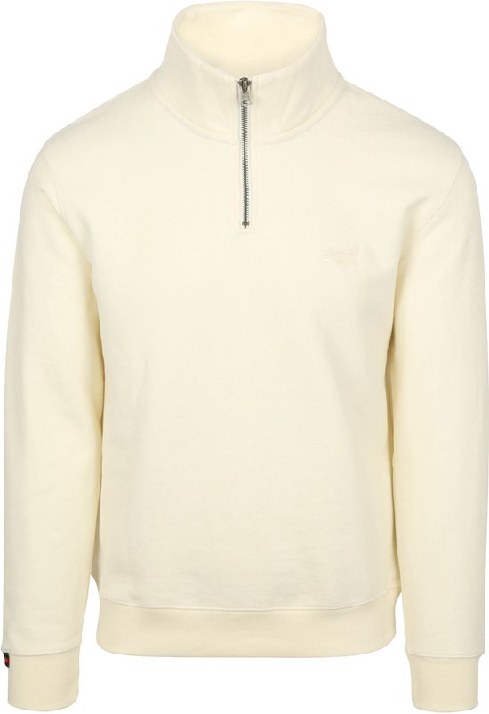 Ecrukleurige Superdry trui met halve rits en geborduurd logo op de borst.