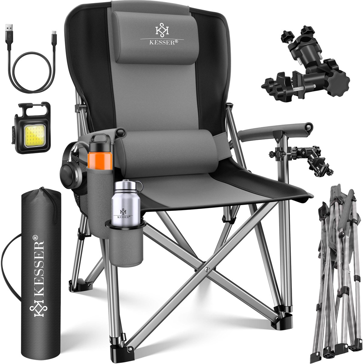 KESSER® Campingstoel - opvouwbaar tot 160 kg - gevoerd met armleuningen en bekerhouder - grijs/zwart