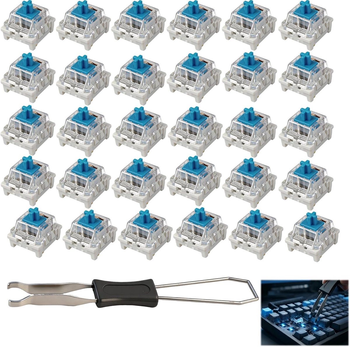 Mechanische schakelaars 30 stuks - transparant blauw - 3-polig stofdicht - ideaal voor gaming - ShopVlot