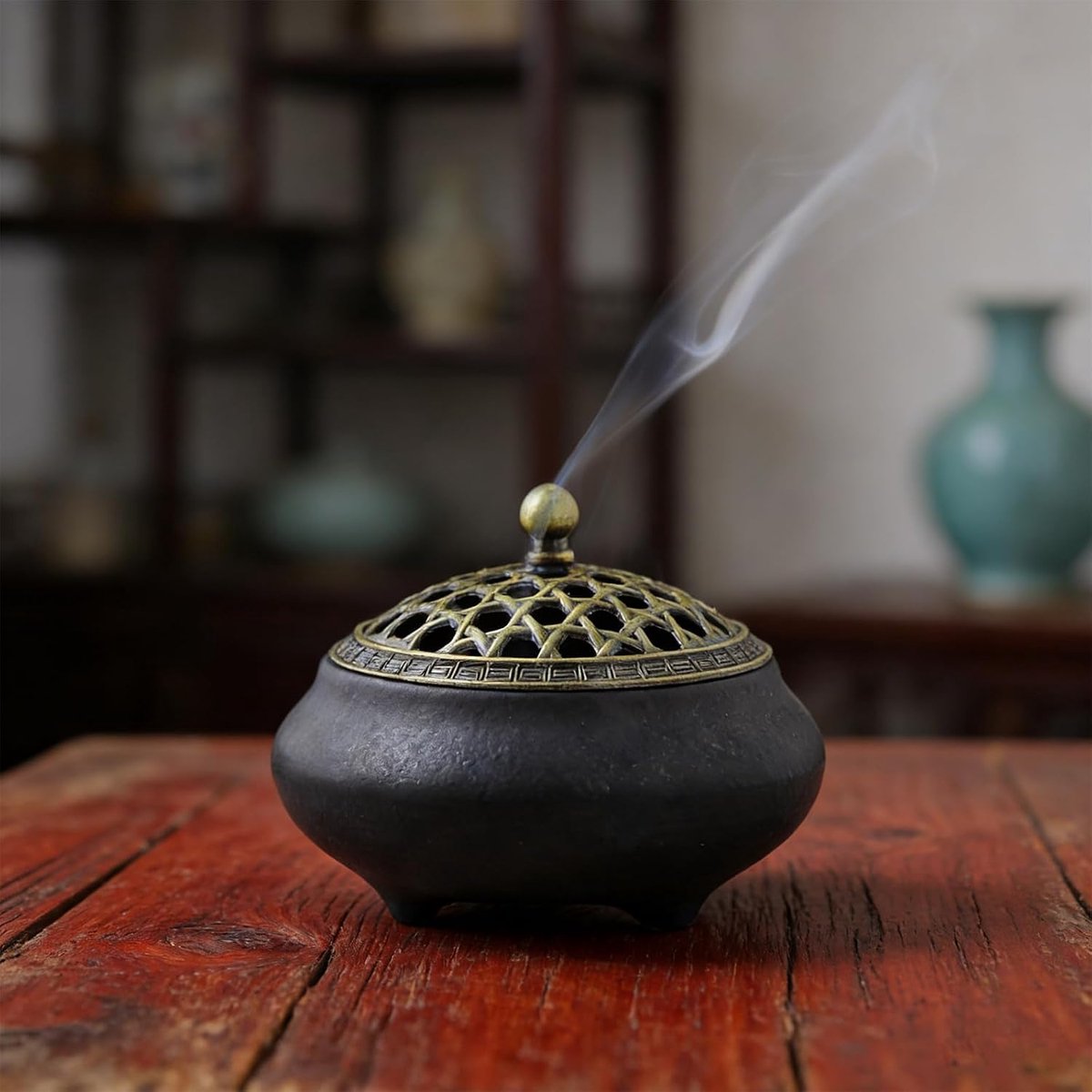 Ceramische wierookkom met metalen deksel - vintage design - hittebestendig - ideaal voor meditatie - ShopVlot