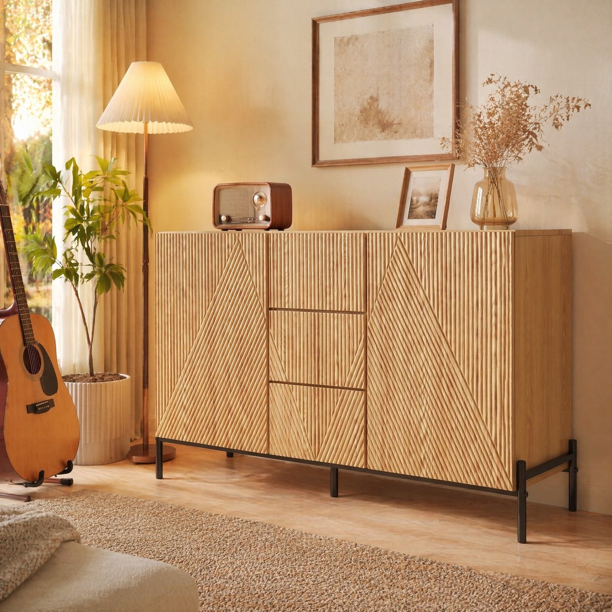 WUVRIE Dressoir 115,5 x 40 x 76 cm - Geometrische deuren en centrale lades - Naturel