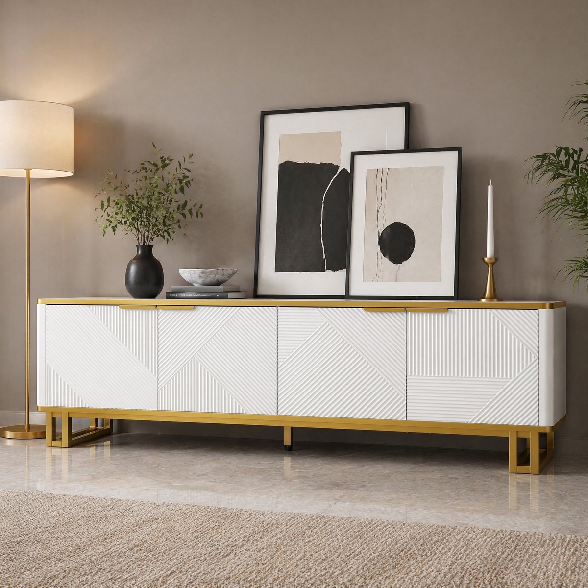 WUVRIE Tv-meubel 160 cm - 4 deuren, open vak en geometrisch reliëf - Wit/goud