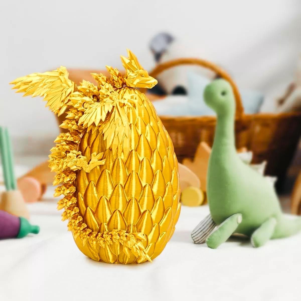 3D-geprinte gouden draak in ei – afneembare, gevleugelde, volledig beweegbare kristallen decoratie (bureau/Kerstmis/Pasen/verjaardagen)