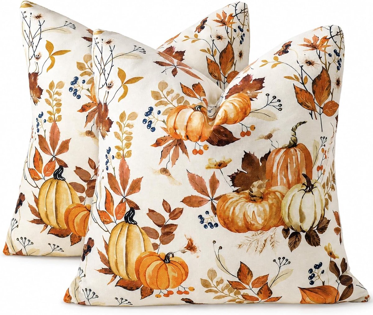 Kussenhoes 50x50 cm Set van 2 - Aquarel Pompoen en Esdoornblad - Decoratief voor Herfst - Gezellige sfeer voor Bank - ShopVlot