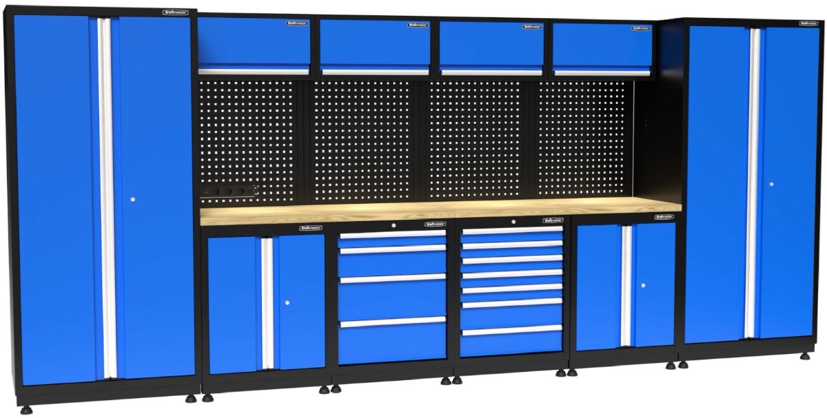 Kraftmeister werkplaatsinrichting - Werkbank met 4 wandkasten, 2 werkplaatskasten en eiken werkblad - Werktafel met 11 laden, 2 opbergkasten en gereedschapswand - Complete set voor werkplaats of garage - Blauw