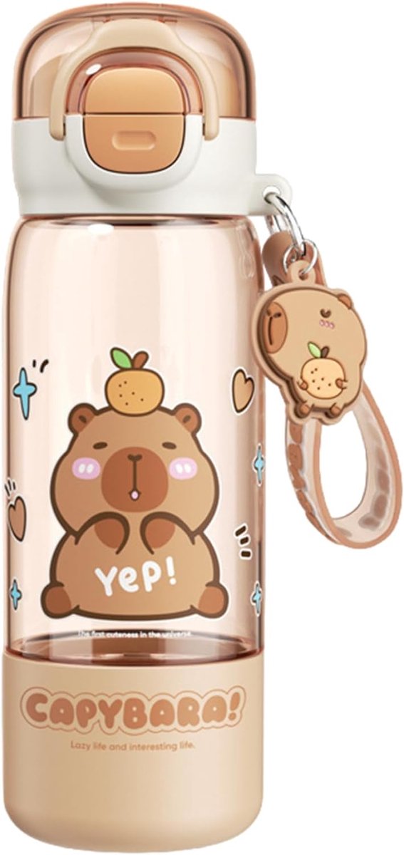SnelShoppen - Capybara Drinkfles met Deksel & Sleutelhanger - Schattige Drinkbeker met Siliconen Rietje - Handige en Hittebestendige Drinkbeker voor S