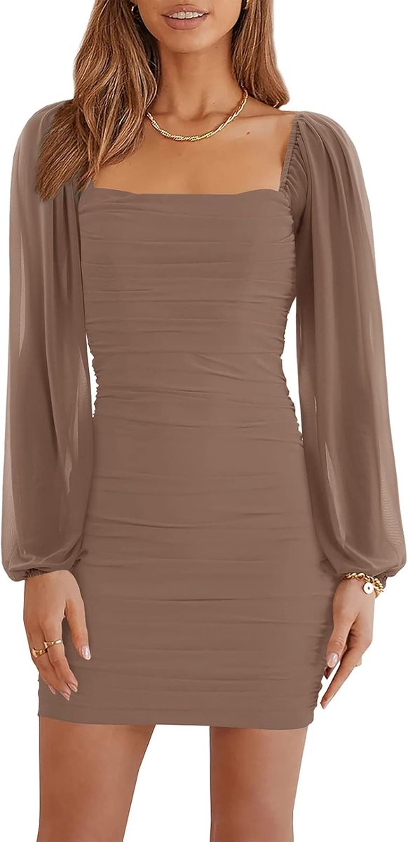 Mini-jurk voor dames, mesh, lange mouwen, vierkante hals, ruches, party, club, cocktail, bodycon