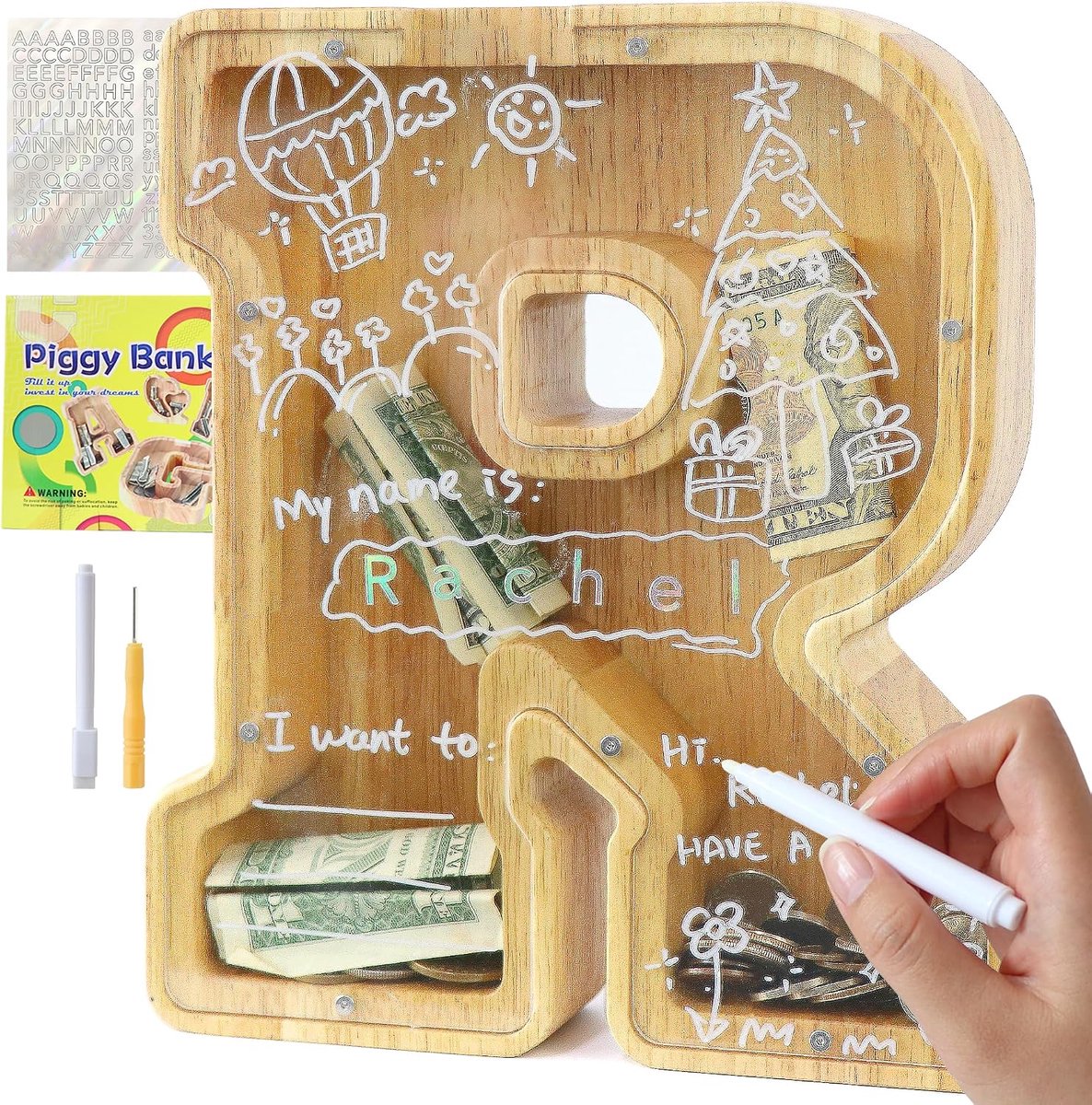 Spaarpot voor kinderen, jongens en meisjes, gepersonaliseerd, doorzichtig, met letter van hout A-Z, doelgebied, stickers en marker, doop, cadeau, decoratie (R)