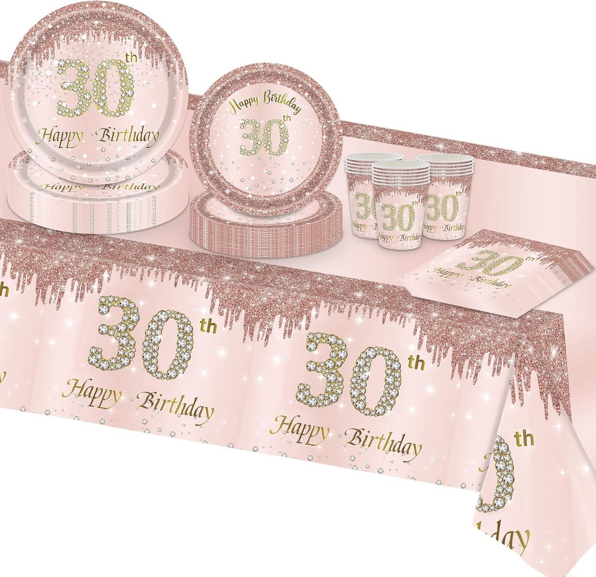 Roségoud 30 verjaardagsdecoraties, feestservies, wegwerp papieren feestborden, kopjes servetten, tafelkleed voor haar meisje en vrouwen, 30e verjaardagsfeestdecoraties (16 gasten) (verjaardag