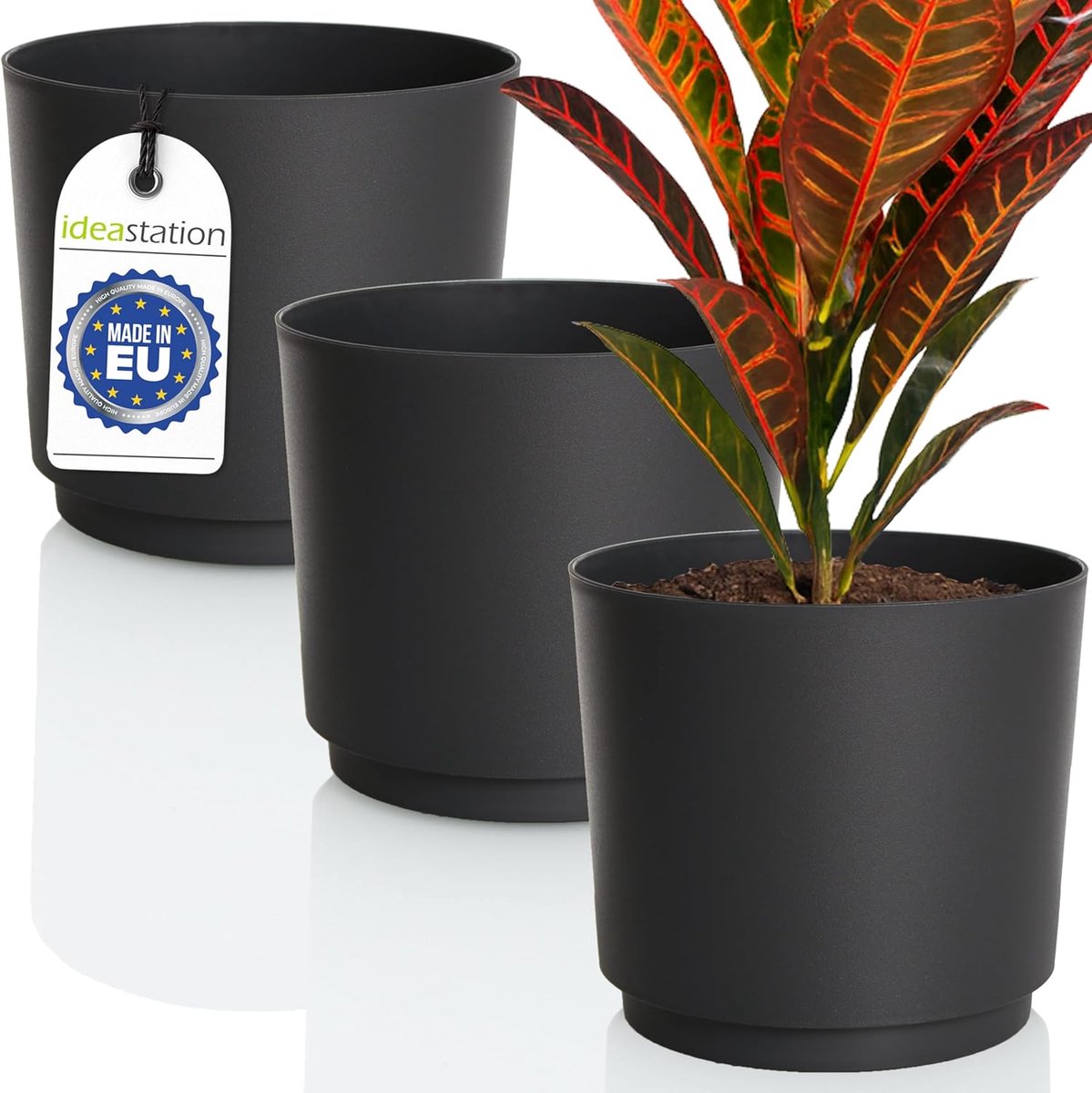 Mata Set 3 x 14.5 cm Flower Pot, 1.8 Litres, Anthracite, Shatterproof Plastic Flower Pots for Various Plants, Flowers - ShopVlot