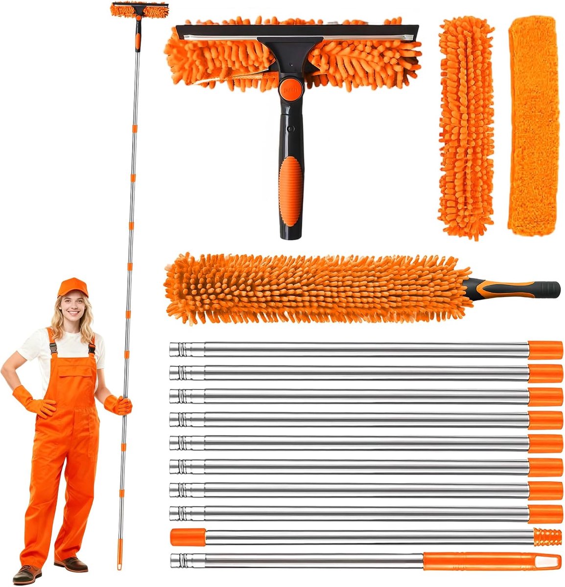 Raamwisser trekkerset 4 m - 2-in-1 raamreiniger - 10 reinigingsstangen - ideaal voor hoge ramen - ShopVlot