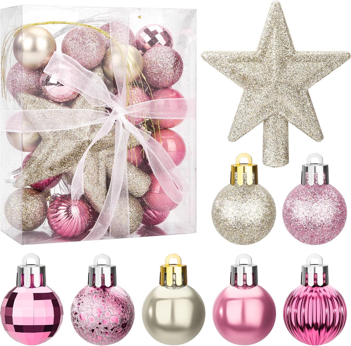 Kerstballen, 30 stuks, kerstboomversiering, mini-kerstballen van kunststof, kleurrijke ornamenten voor kerstdecoratie, buiten of binnen, feest, bruiloft, wit/roségoud
