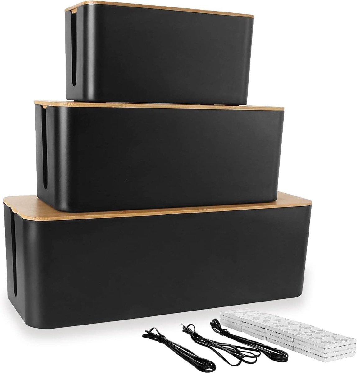 3-delige Houten Kabeldoos Set voor Kabelbeheer - Zwart - Organiseer en Verberg Kabels Efficiënt