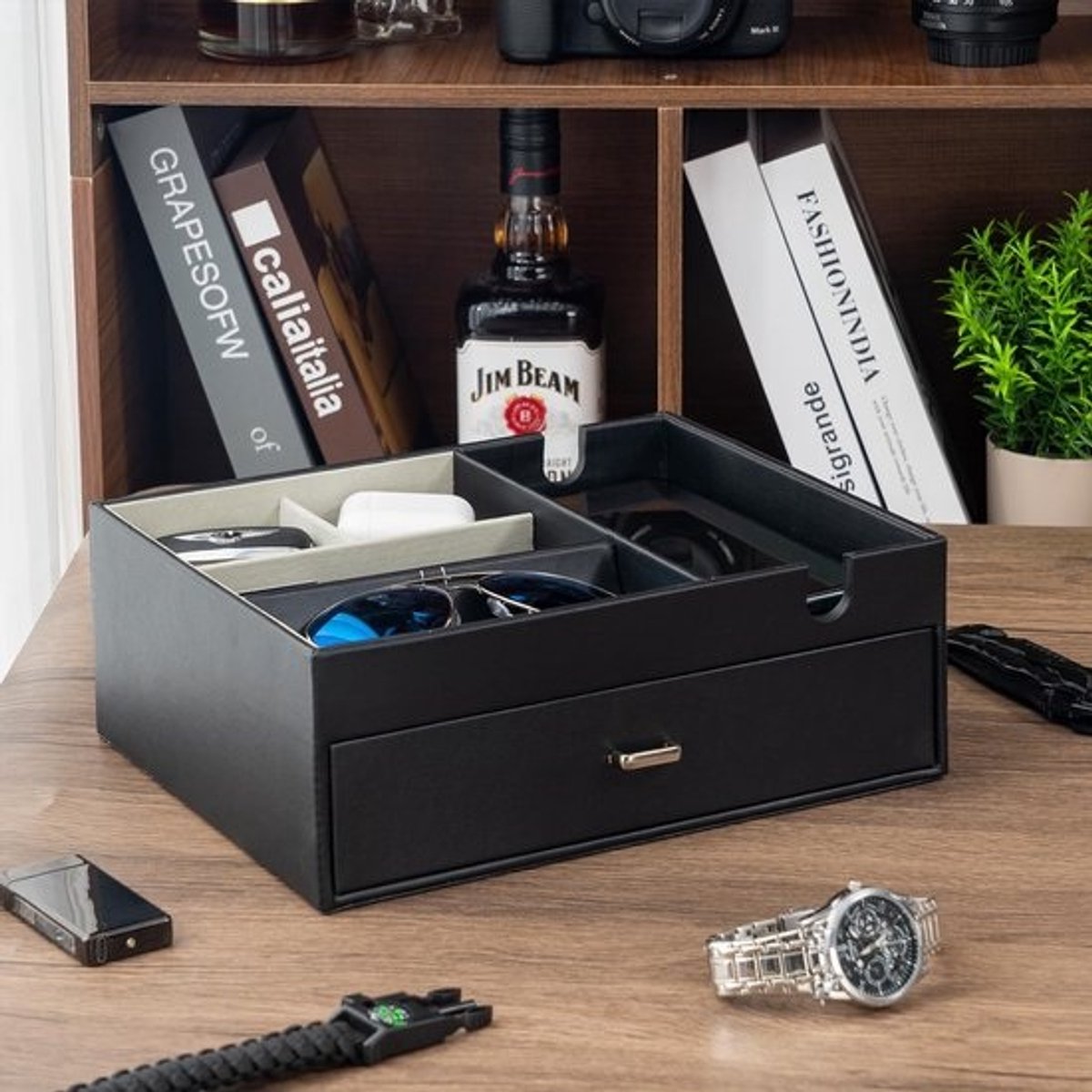 Bureau-organizer met dubbele laag - van PU-leer - met 2 niveaus - Opbergbak van imitatieleer - voor telefoon, horloge, sleutels en portemonnee - Zwart