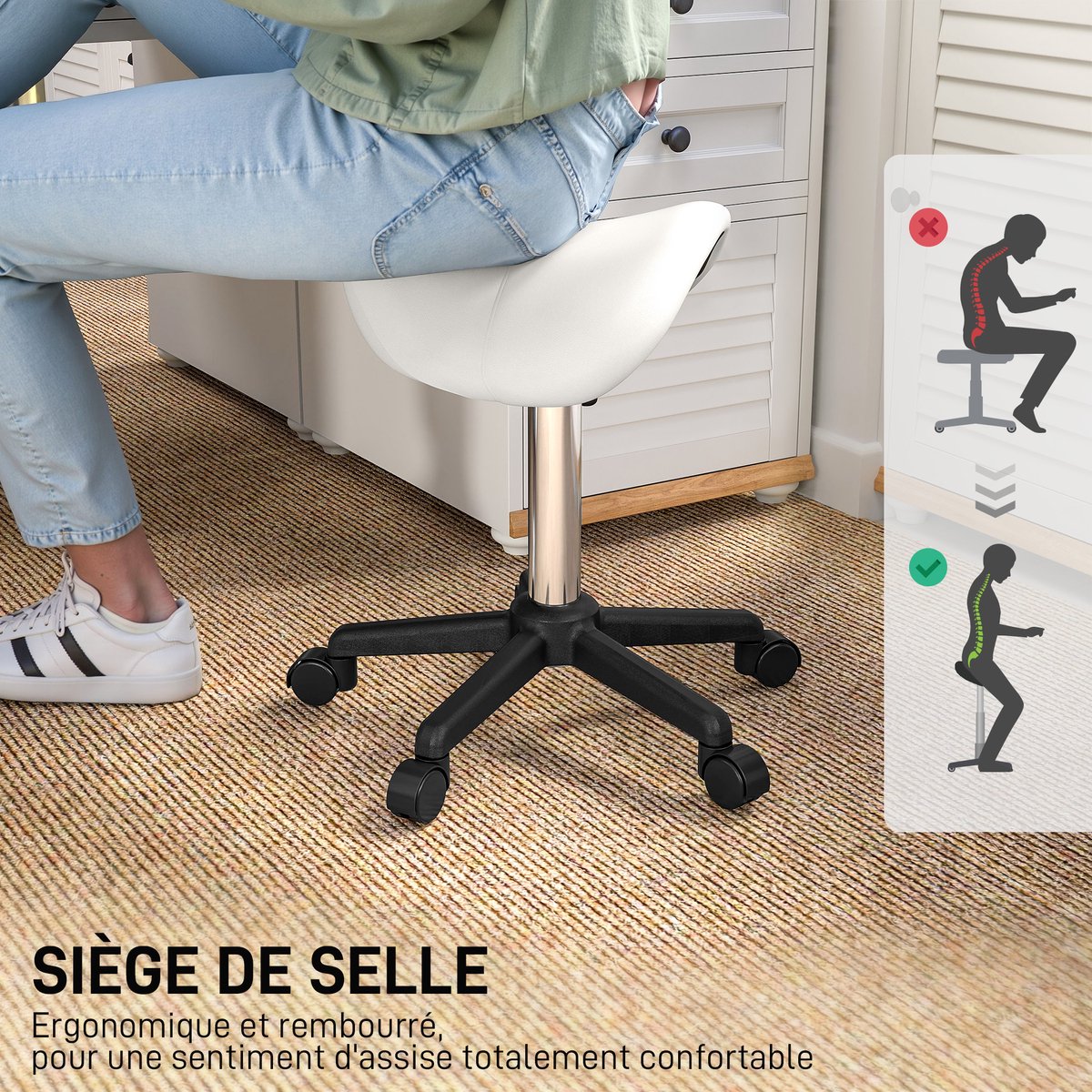Zadelkruk - in hoogte verstelbaar 45-57 cm, 360° draaibaar, op wielen, zadelzitting, wit, voor massageruimte