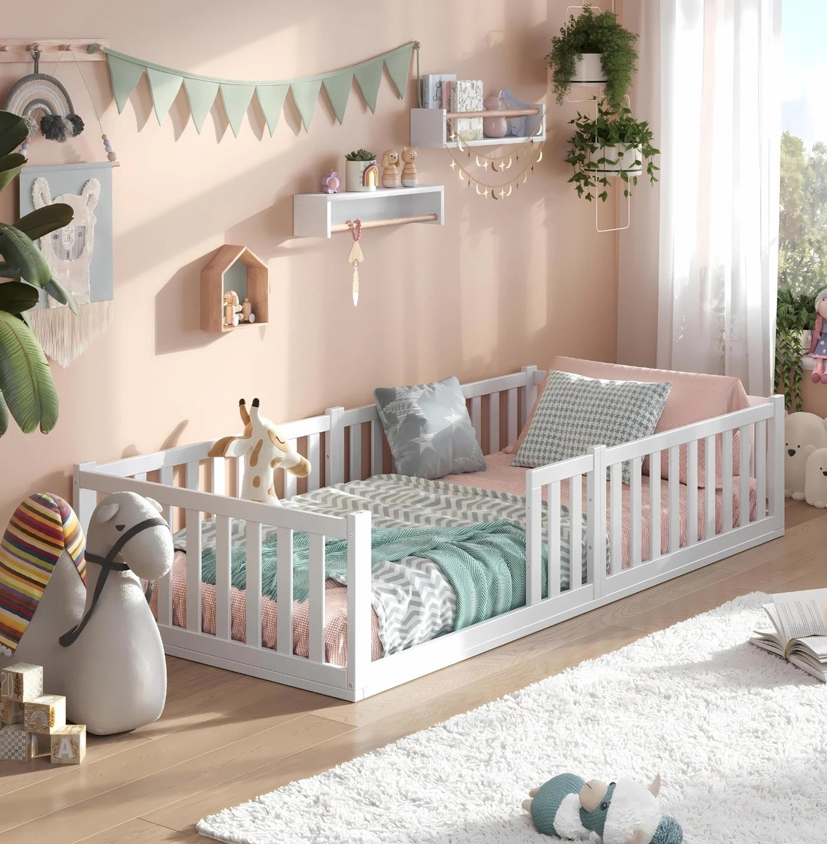 Alavya Home Grondbed 140x200 cm – Beukenhout Peuterbed Montessori Wit