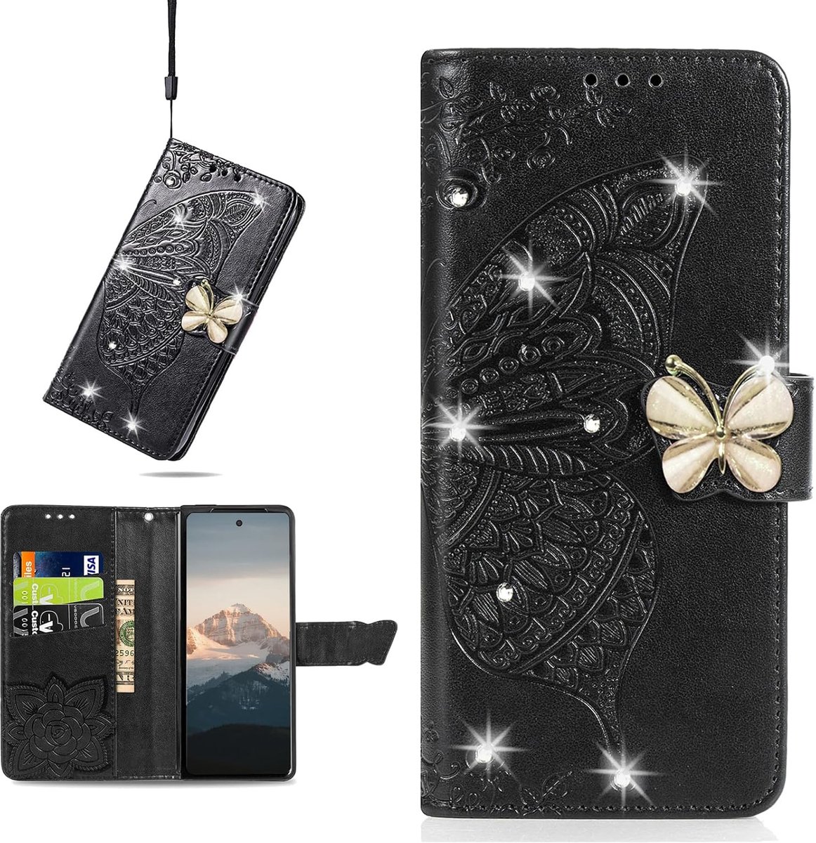 Hoes voor Samsung Galaxy Z Fold 7 5G, PU-leren klaphoes met vlinderpatroon, kaartsleuven, standfunctie, handlus, diamant, vlinder, beschermhoes voor Samsung Z Fold7-HZD, zwart