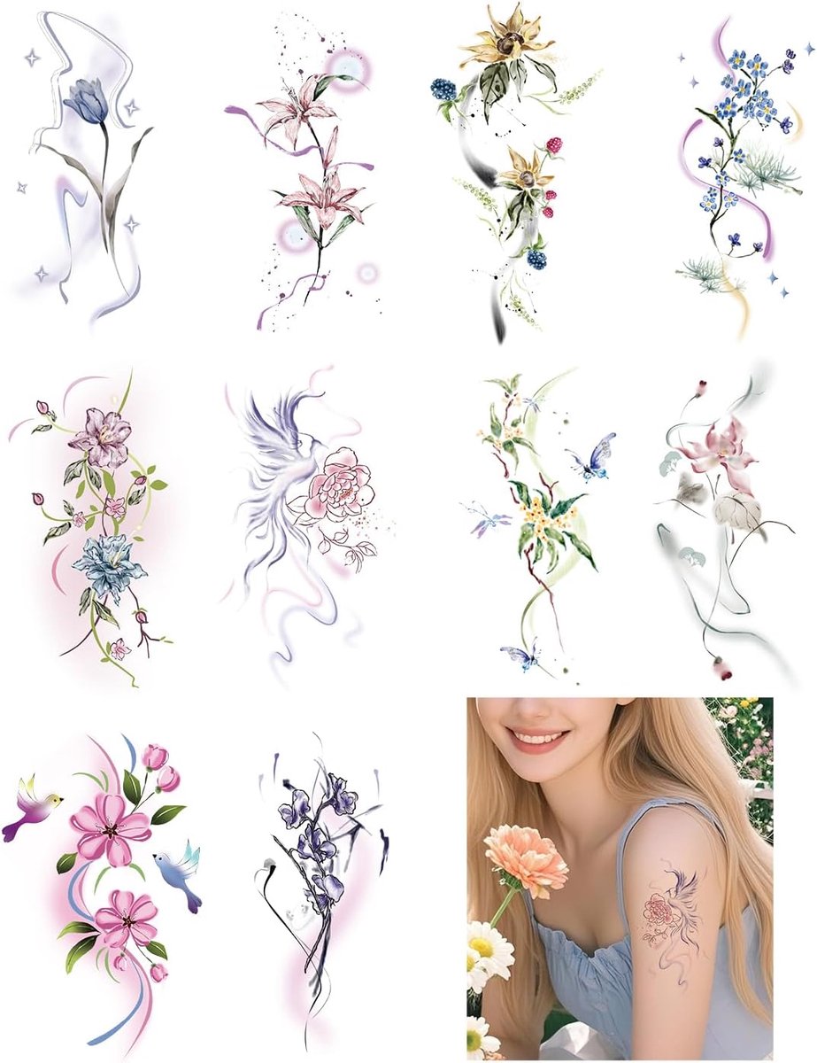Tijdelijke Tatoeages voor Vrouwen en Volwassenen, 10 Vellen Nep Arm Tattoo voor Dames (10 Bloemen Tatoeages)
