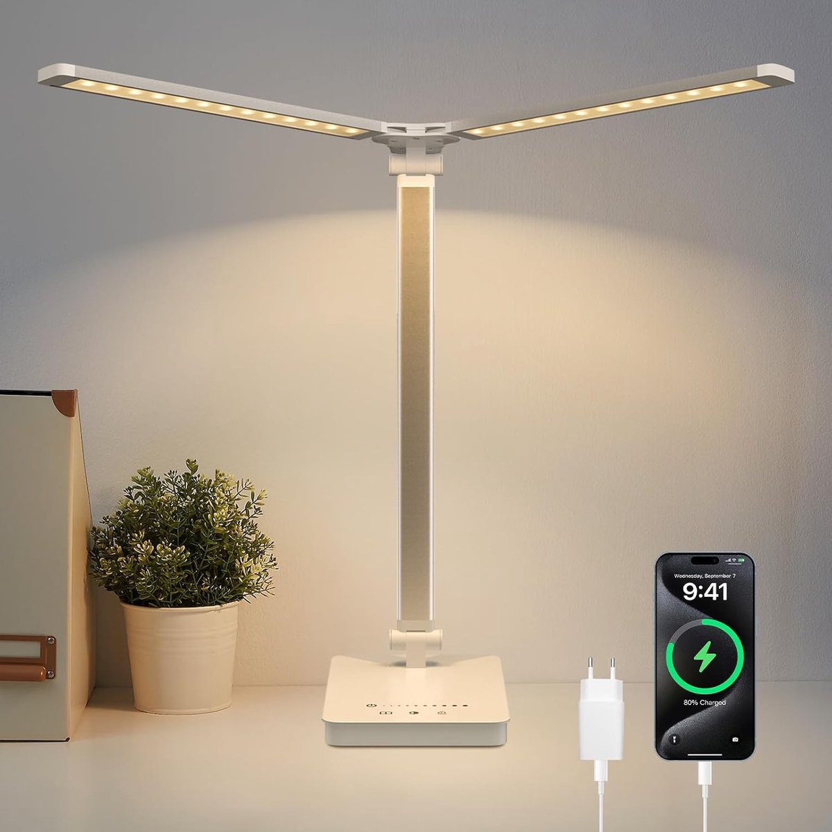 Dimbare LED bureaulamp met 4000 mAh batterij, draadloos, USB-aansluiting, 10 helderheidsniveaus en aanraakbediening voor kinderen, kantoor en lezen